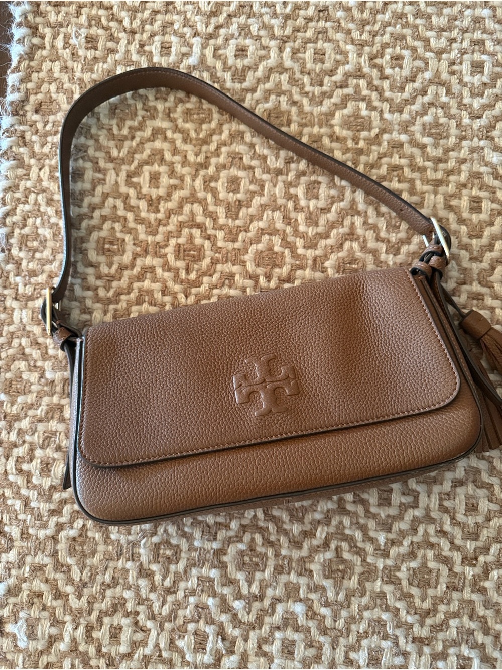 Tory Burch Tan Pebbled Leather Shoulder Bag with Tassel